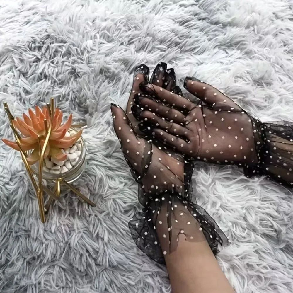 NWT Black White Polka Dot Mesh Tulle Gloves Sheer Ruffle Lace Wrist Tea Party